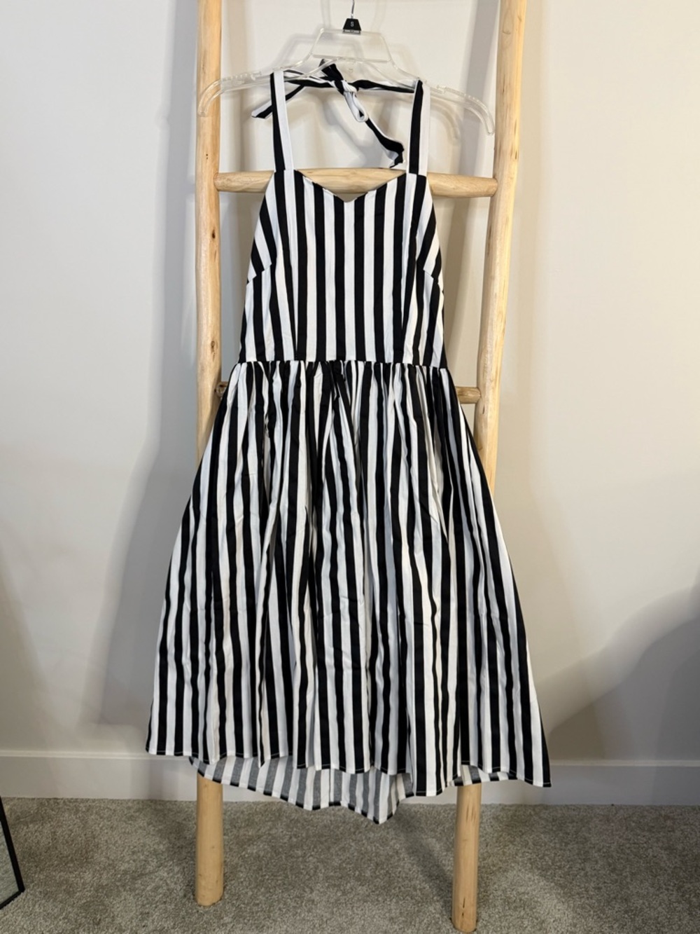 Womens Black and White Striped Sundress with Tie Straps